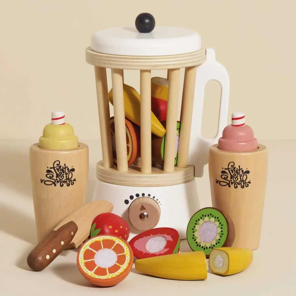 TV296-smoothie- mixer- frukter-banan-apelsin-kiwi-hälsosam- dryck-trä- rollspel-mat-eko-leksak-trä
