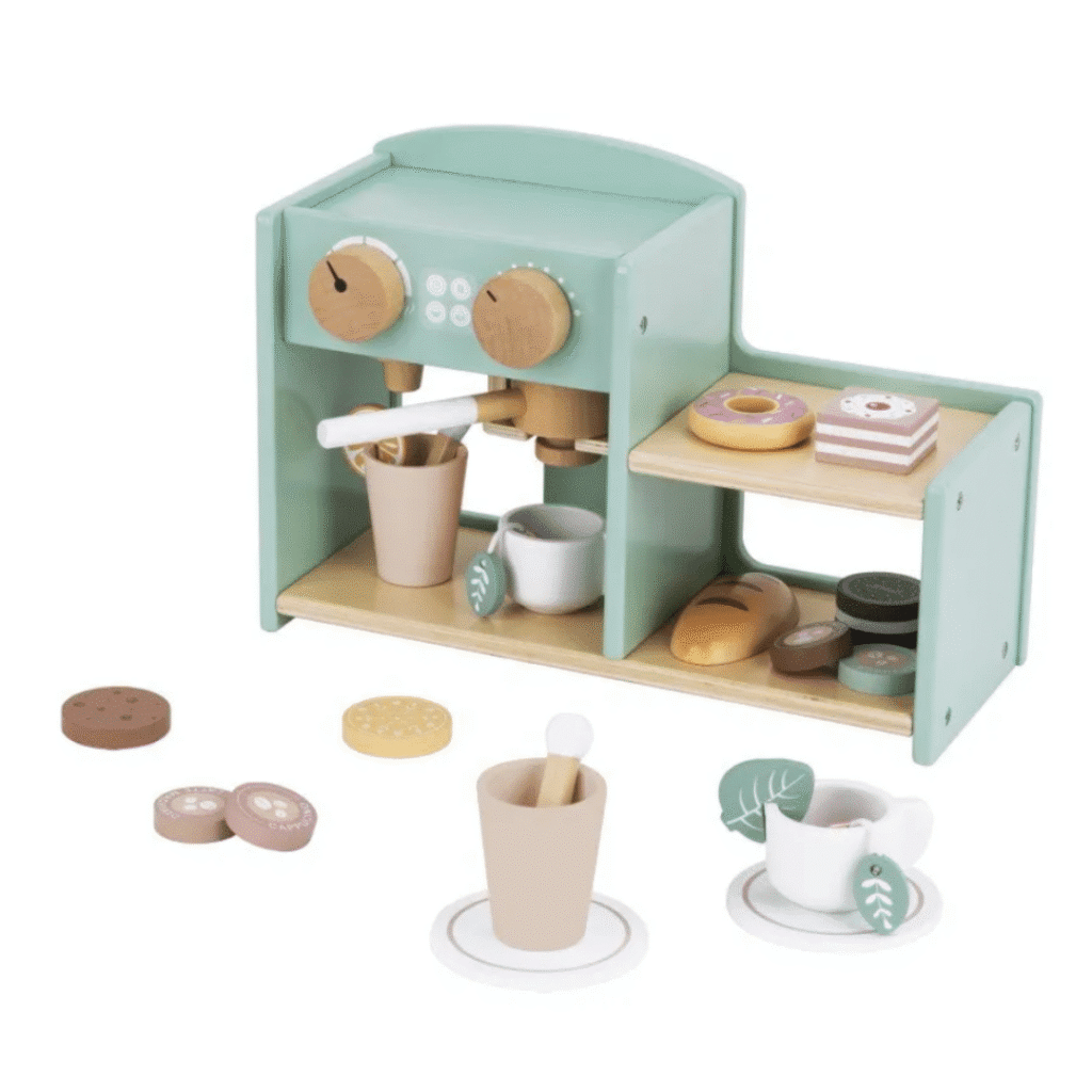 kaffemaskin barn EliNeli trälek kök café set låda rolllek 4