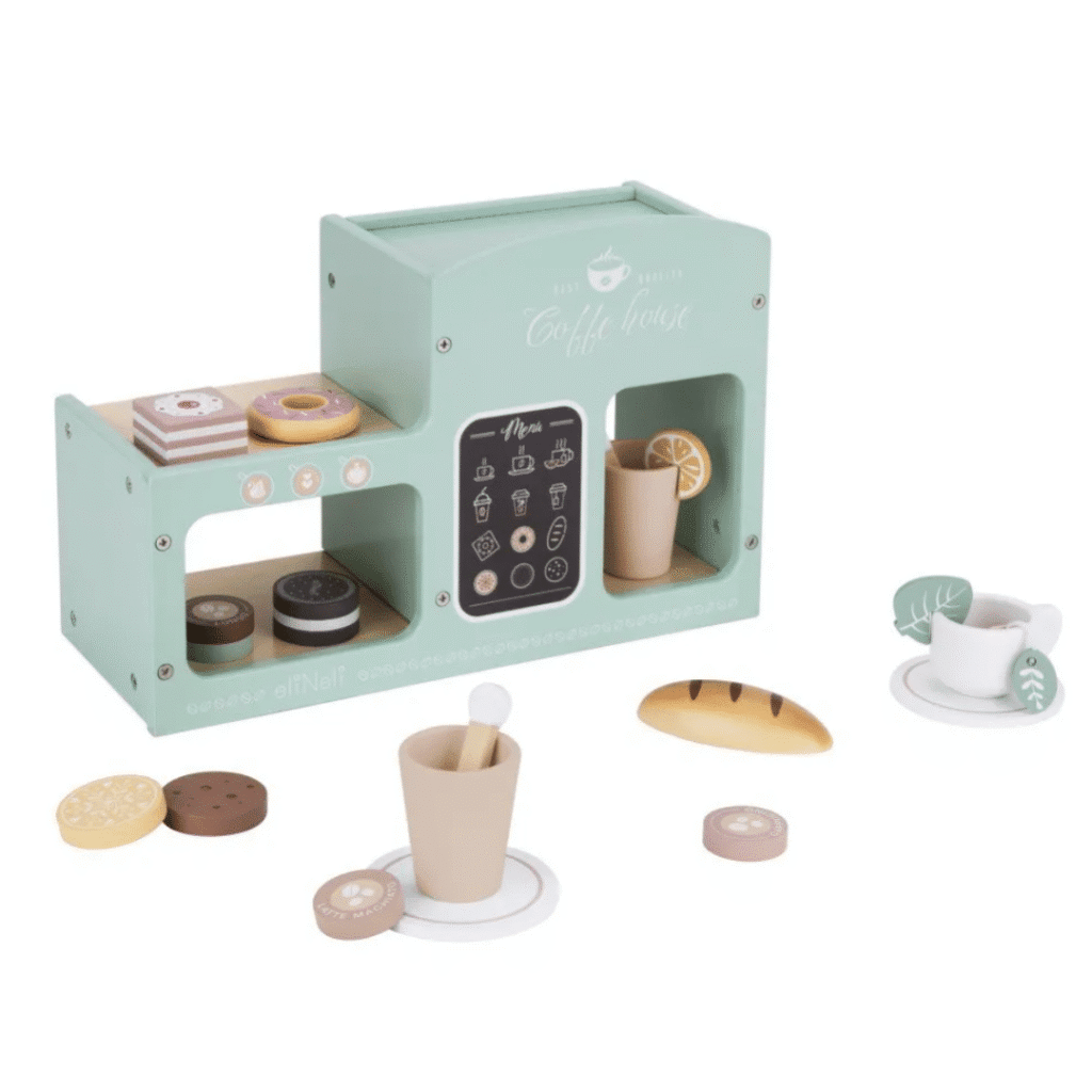 kaffemaskin barn EliNeli trälek kök café set låda rolllek 4
