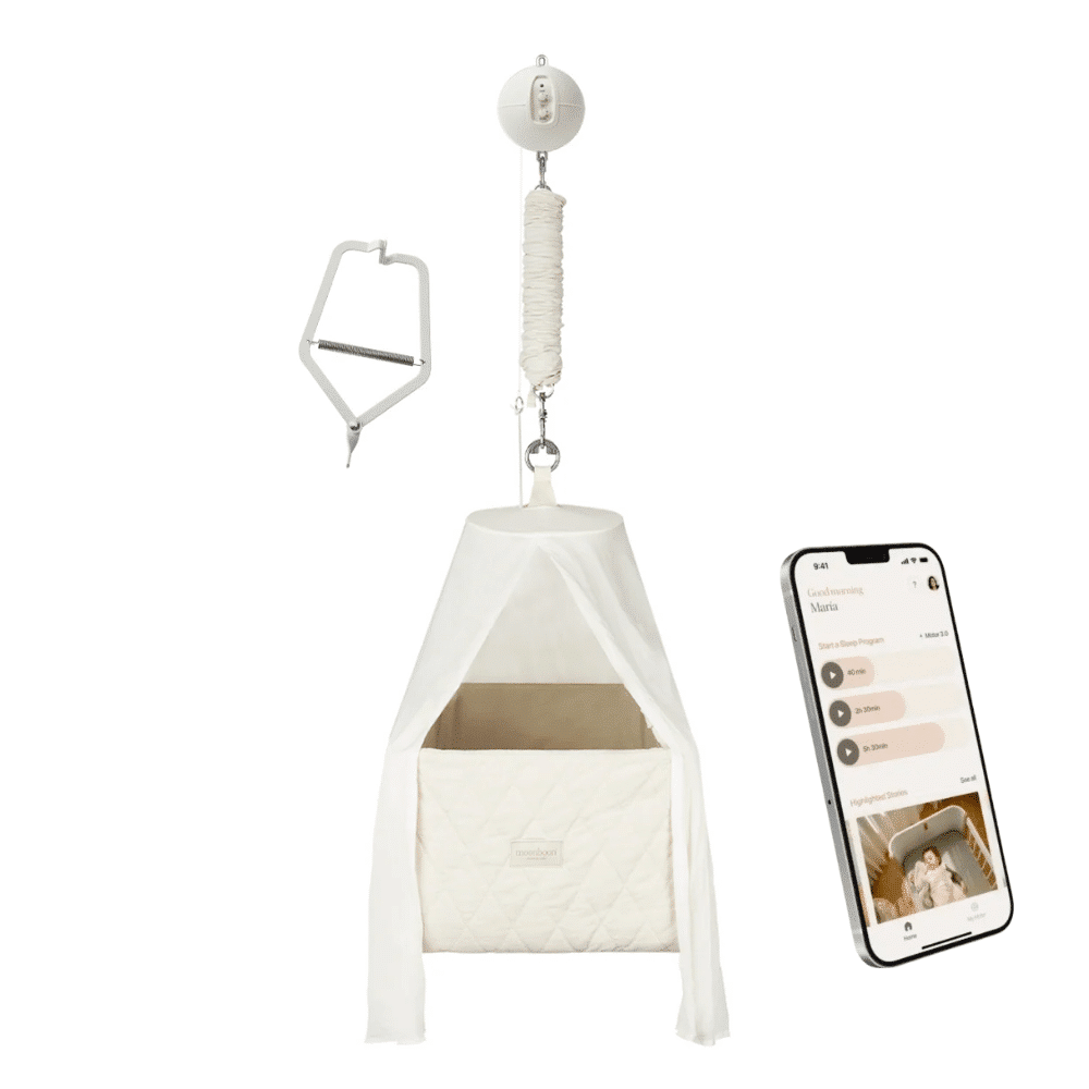 Moonboon Essential-paket med vagga, sänghimmel och Basic Motor Connect i färgen Cream White