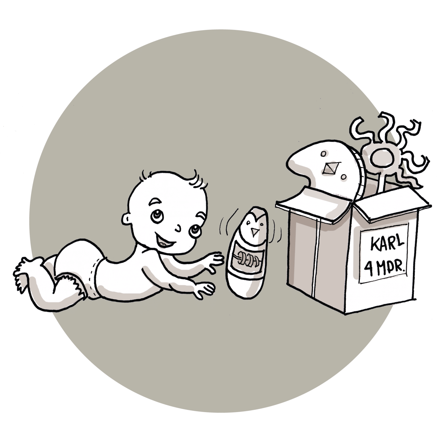 Ritning av baby Karl och hans leksakslåda från Dearbaby Baby Box