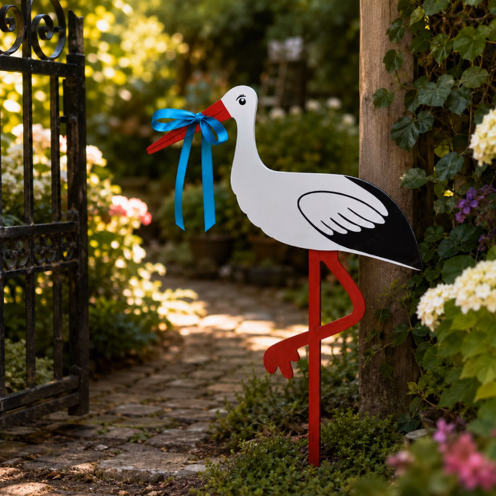 Födelsestork i trä med rött och blått band, 55 cm – Magni
