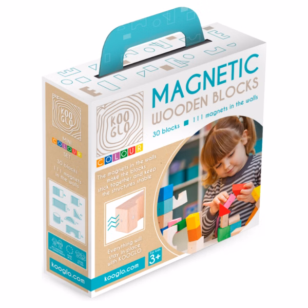 Kooglo Mini Color med 30 färgglada magnetiska träklossar. Perfekt för barn från 2 år och uppåt som vill bygga stabilt och kreativt. CE-godkänd, tillverkad inom EU.