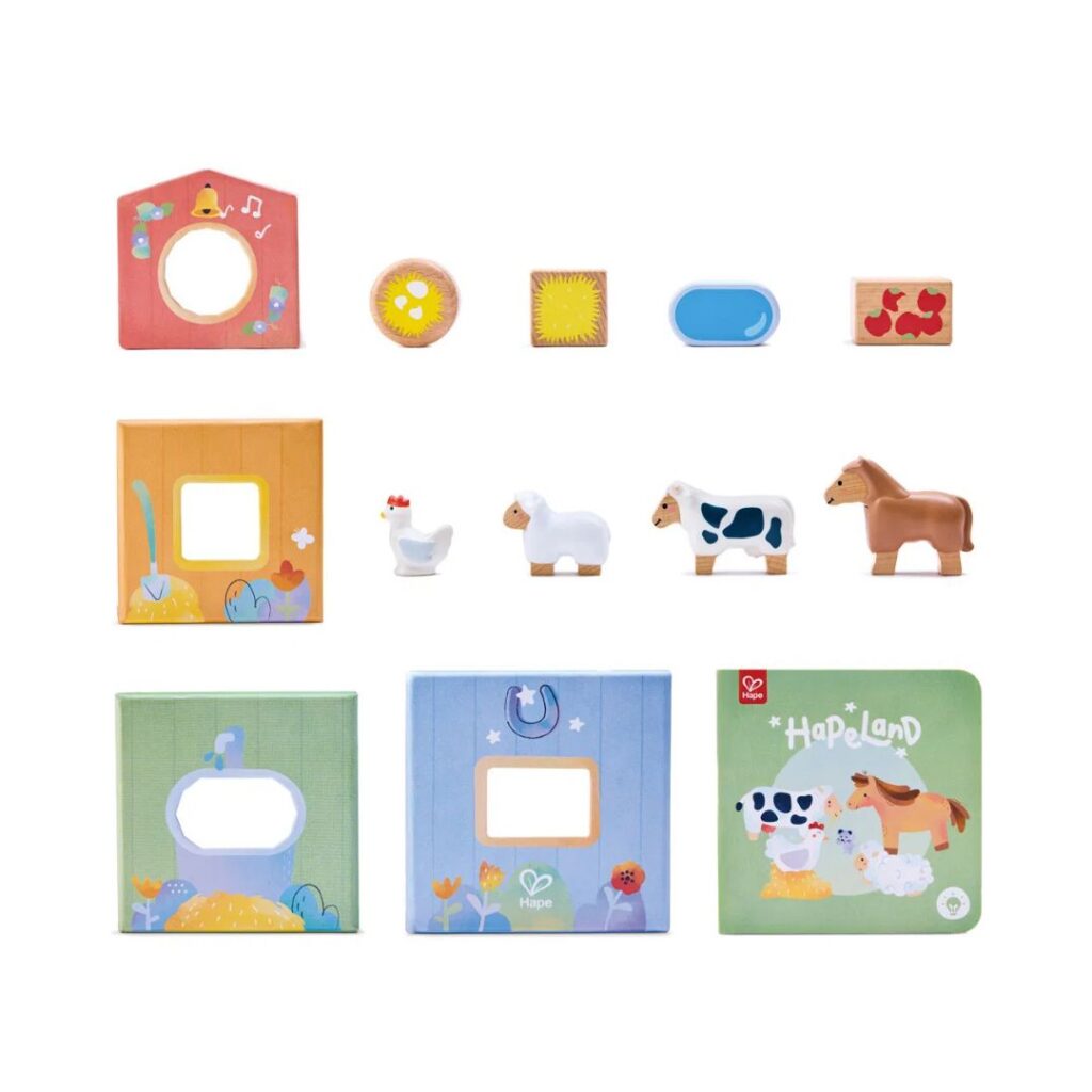 Hape leksaker - stapellek med bok och figurer - The Happy Stables