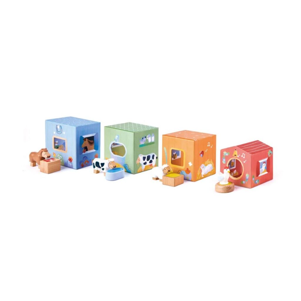 Hape leksaker - stapellek med bok och figurer - The Happy Stables