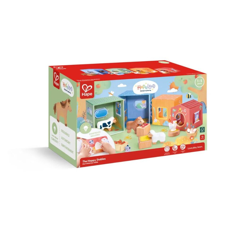 Hape leksaker - stapellek med bok och figurer - The Happy Stables