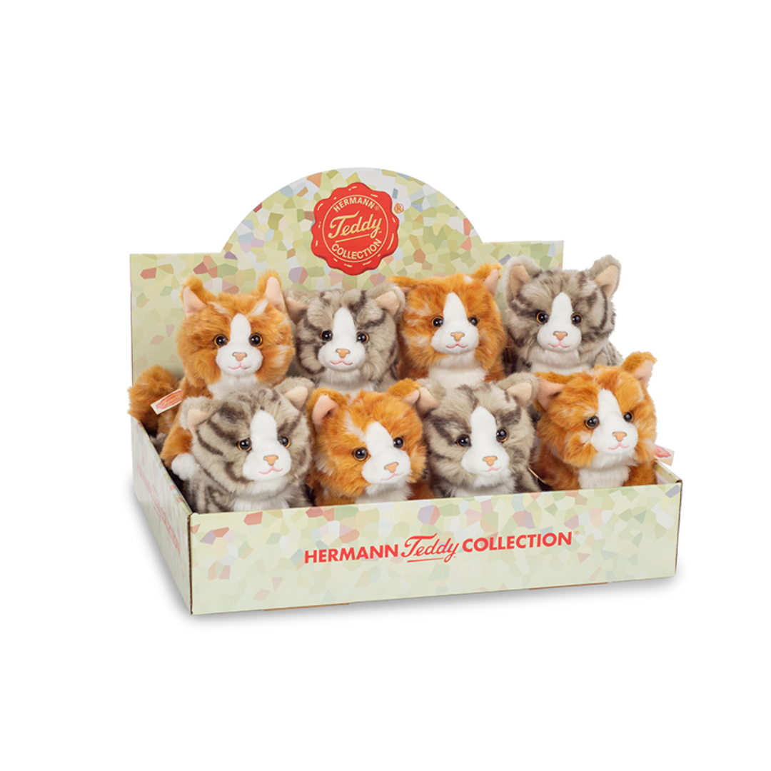 Teddy Hermann - Kat grå- eller rødstribet 18 cm - 6 assorterede