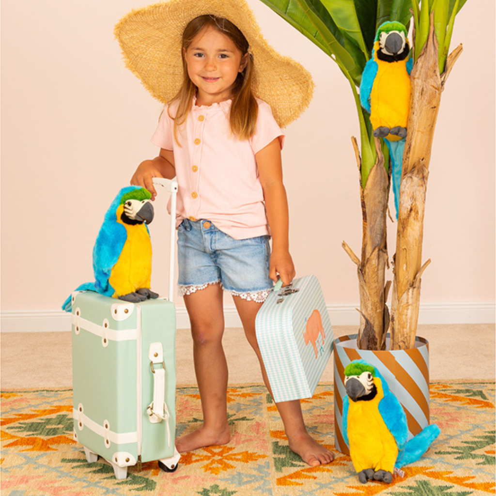 Färgglad macaw papegoja gosedjur från Teddy Hermann med verklighetstrogna detaljer. Perfekt för rolllek, gos och fantasifulla djungeläventyr.