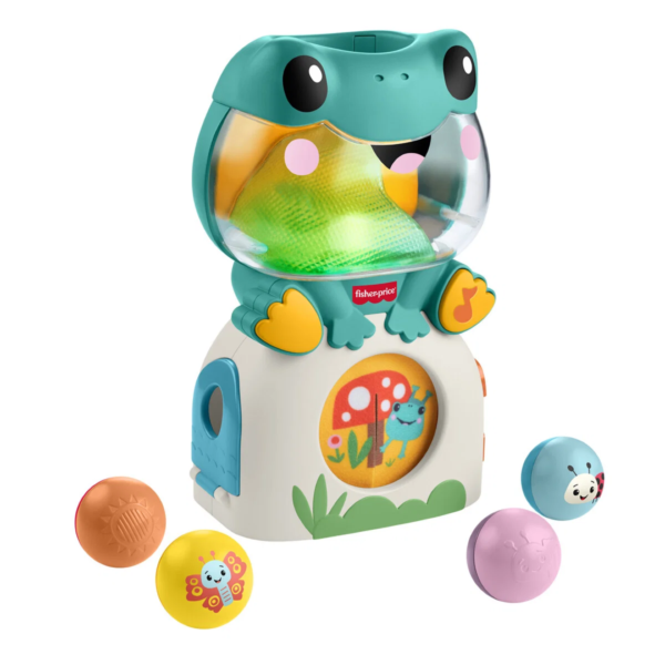 Interaktiv Fisher Price-groda med ljus, musik och 4 bollar. Barnet tappar bollarna och hittar dem igen. Stimulerar motorik och inlärning från 6 månader.