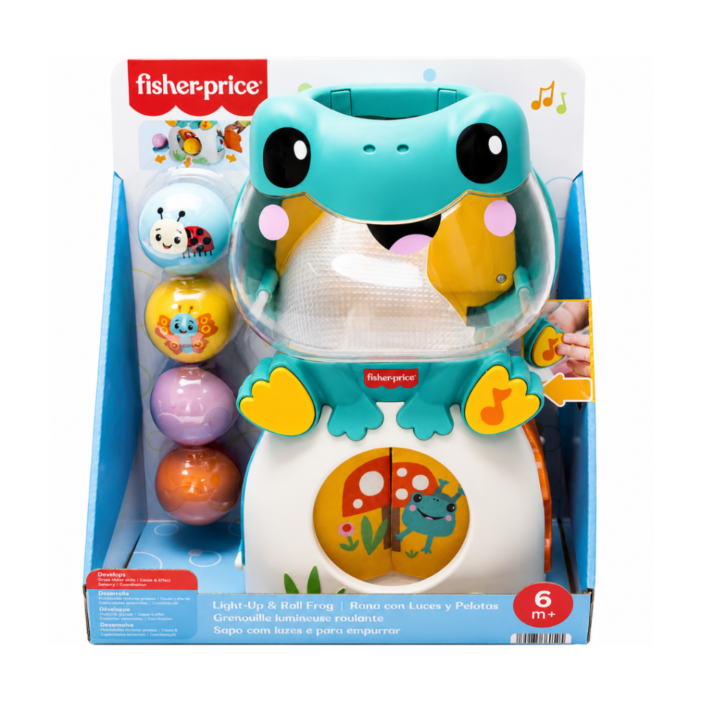 Interaktiv Fisher Price-groda med ljus, musik och 4 bollar. Barnet tappar bollarna och hittar dem igen. Stimulerar motorik och inlärning från 6 månader.