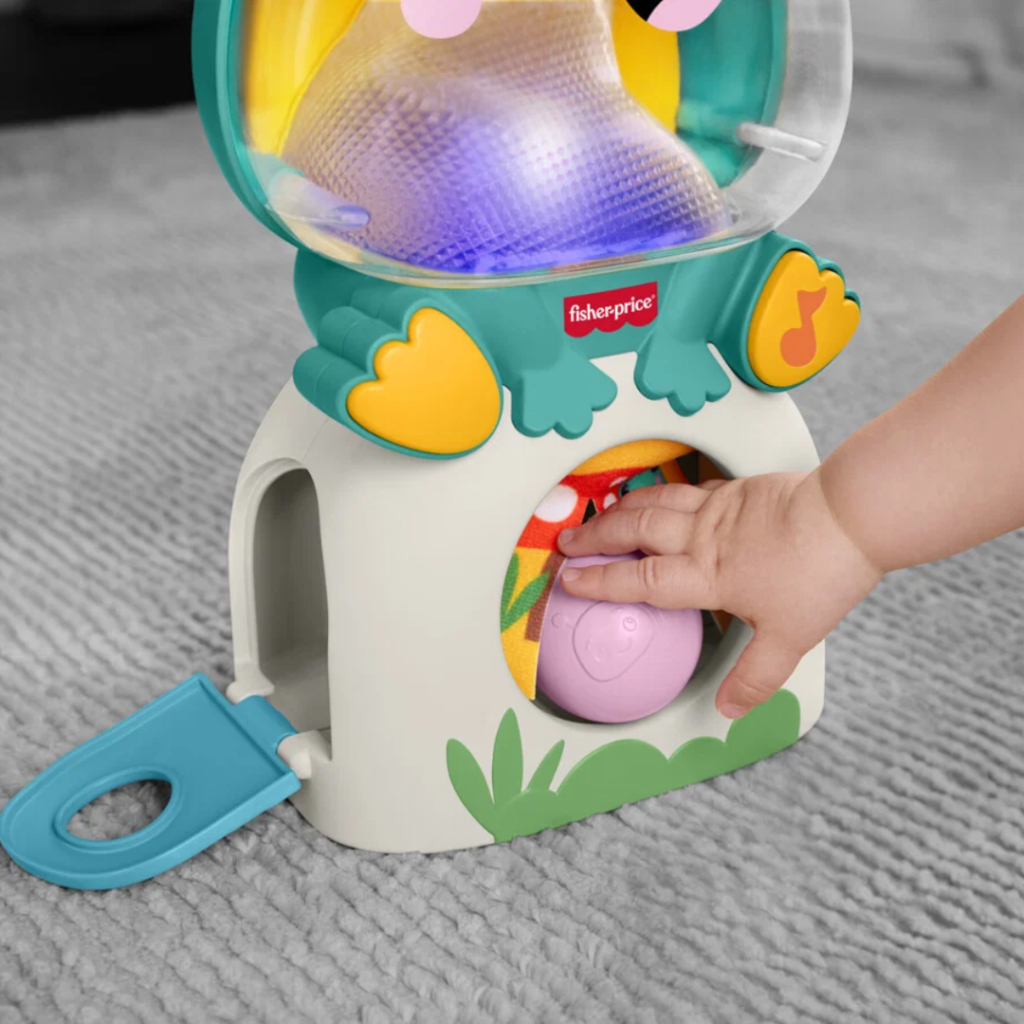 Interaktiv Fisher Price-groda med ljus, musik och 4 bollar. Barnet tappar bollarna och hittar dem igen. Stimulerar motorik och inlärning från 6 månader.