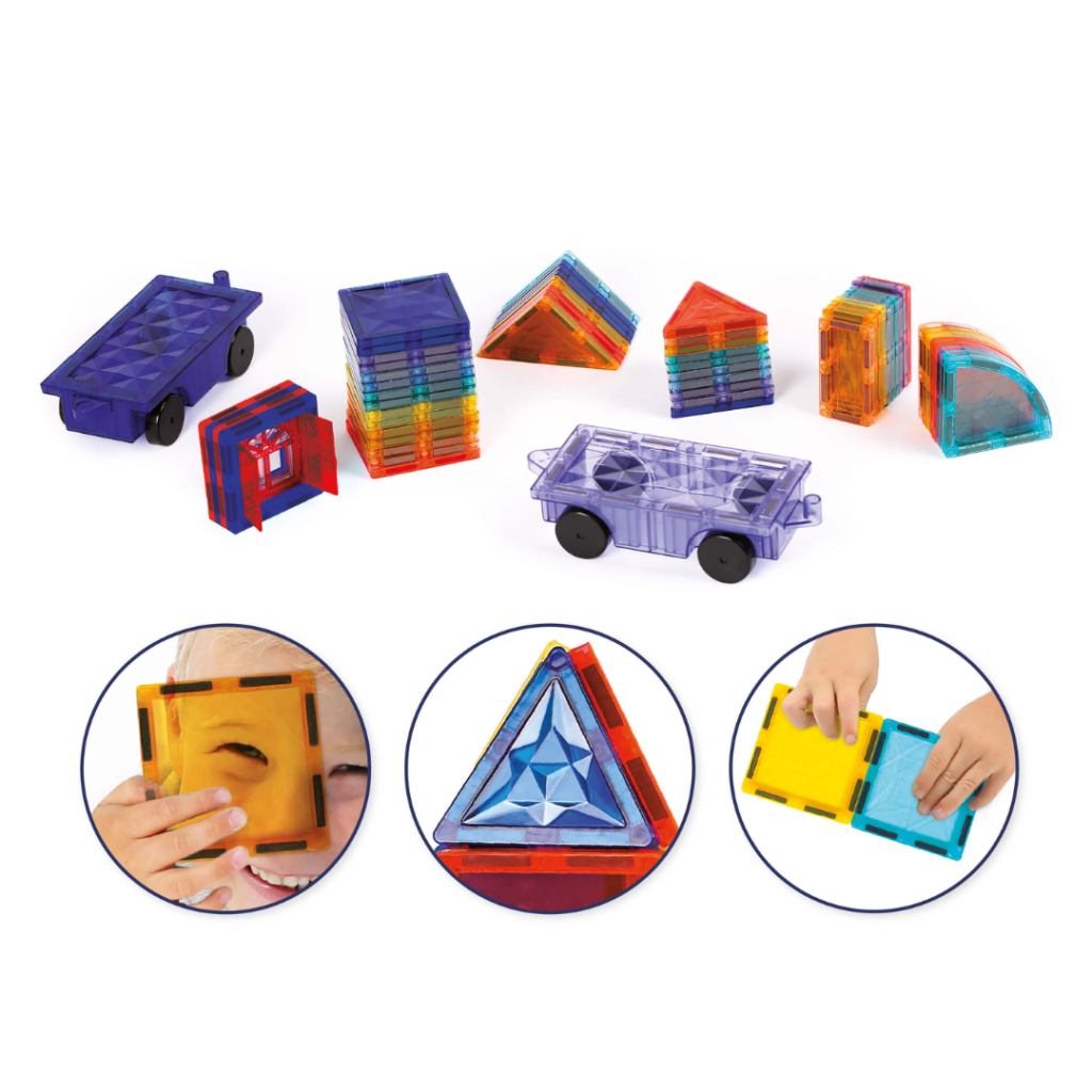 Bygg bilar, tåg och fantasifulla fordon med 63 magnetiska delar. Främjar kreativitet, motorik och rumsuppfattning hos barn från 3 år.