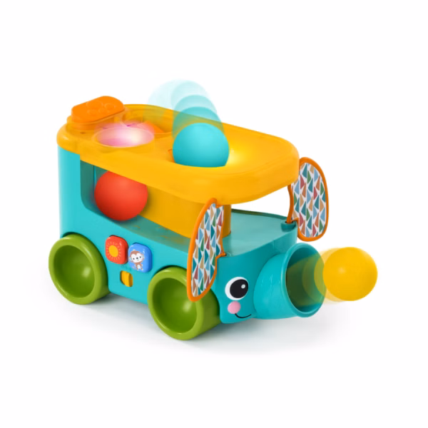 Pop and Roll Bright Starts Safari Bus Ball Play Toy – en färgglad safaribuss