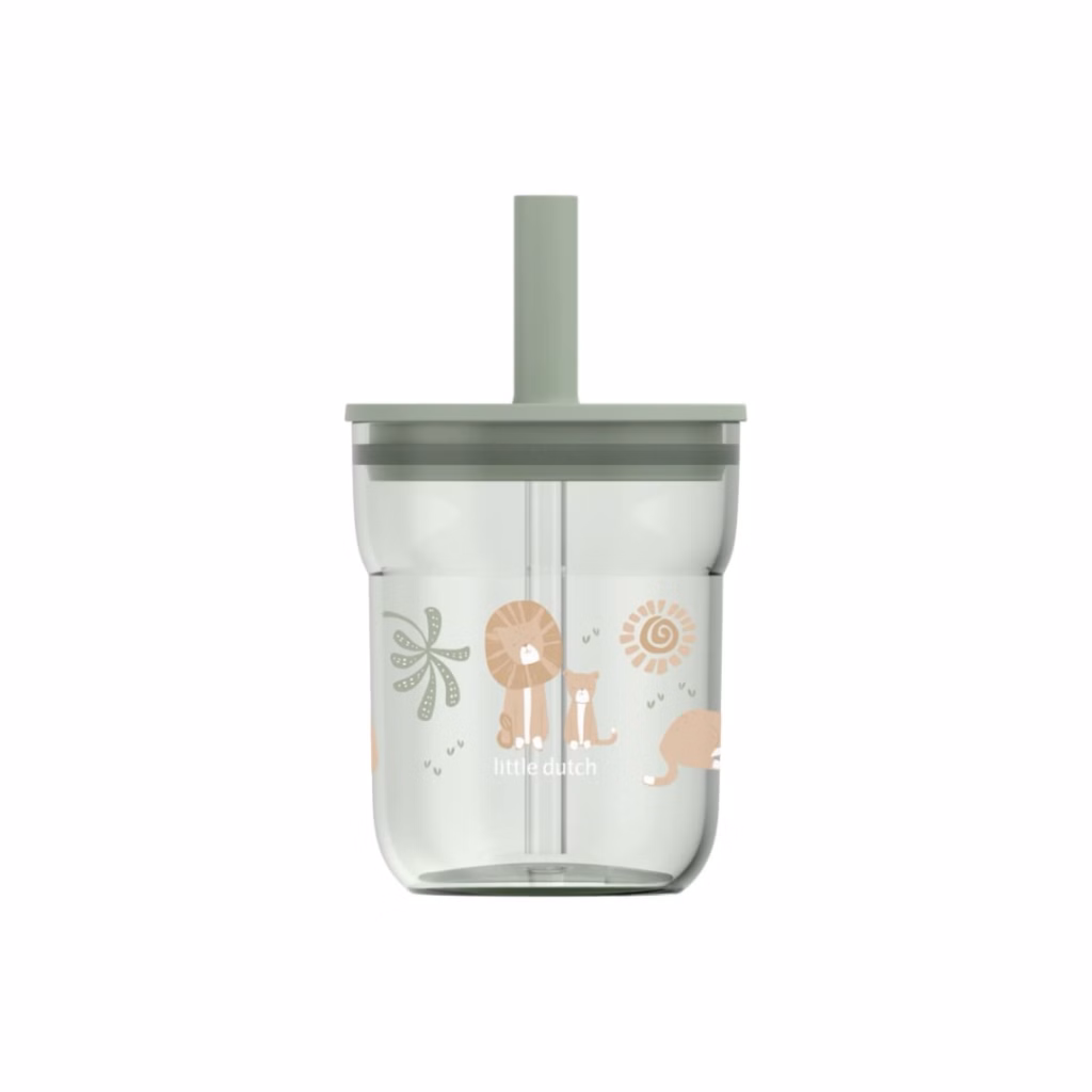 Little Dutch - Børneglas 250 ml med sugerør - Safari Friends